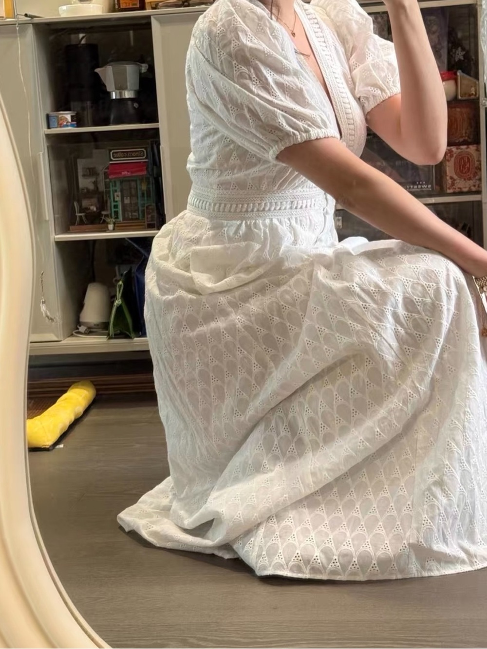 White Eyelet Button-Front Midi Dress